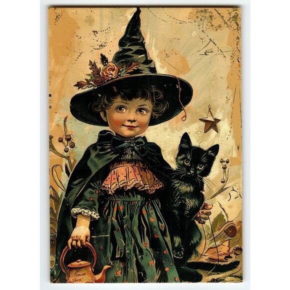 Vintage Halloween Postcard Little Witch with Black Cat Photochrome Sweet Girl - Picture 1 of 2